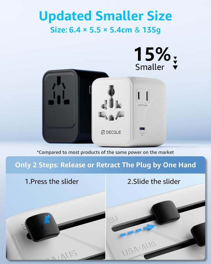 D DECQLE Universal Travel Adapter, International Travel Plug Adapter with 3 USB-C ＆ 2 USB-A Ports, with Extra 2 Prong AC Outlet All in One Portable Socket, for USA, UK, EU, AU ＆ 224+ Countries (White) - Image 4